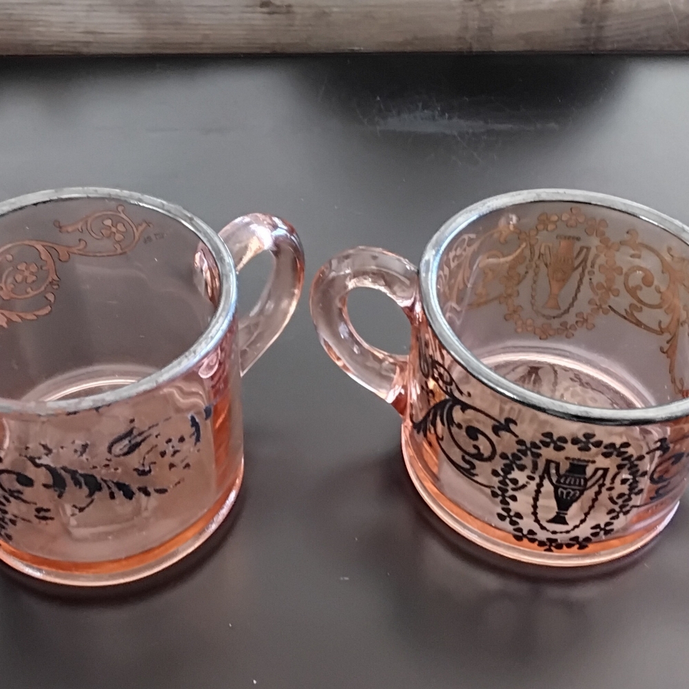 Vintage Pink Depression Glass Creamer and Sugar Set with Silver Overlay - Picture 2 of 8